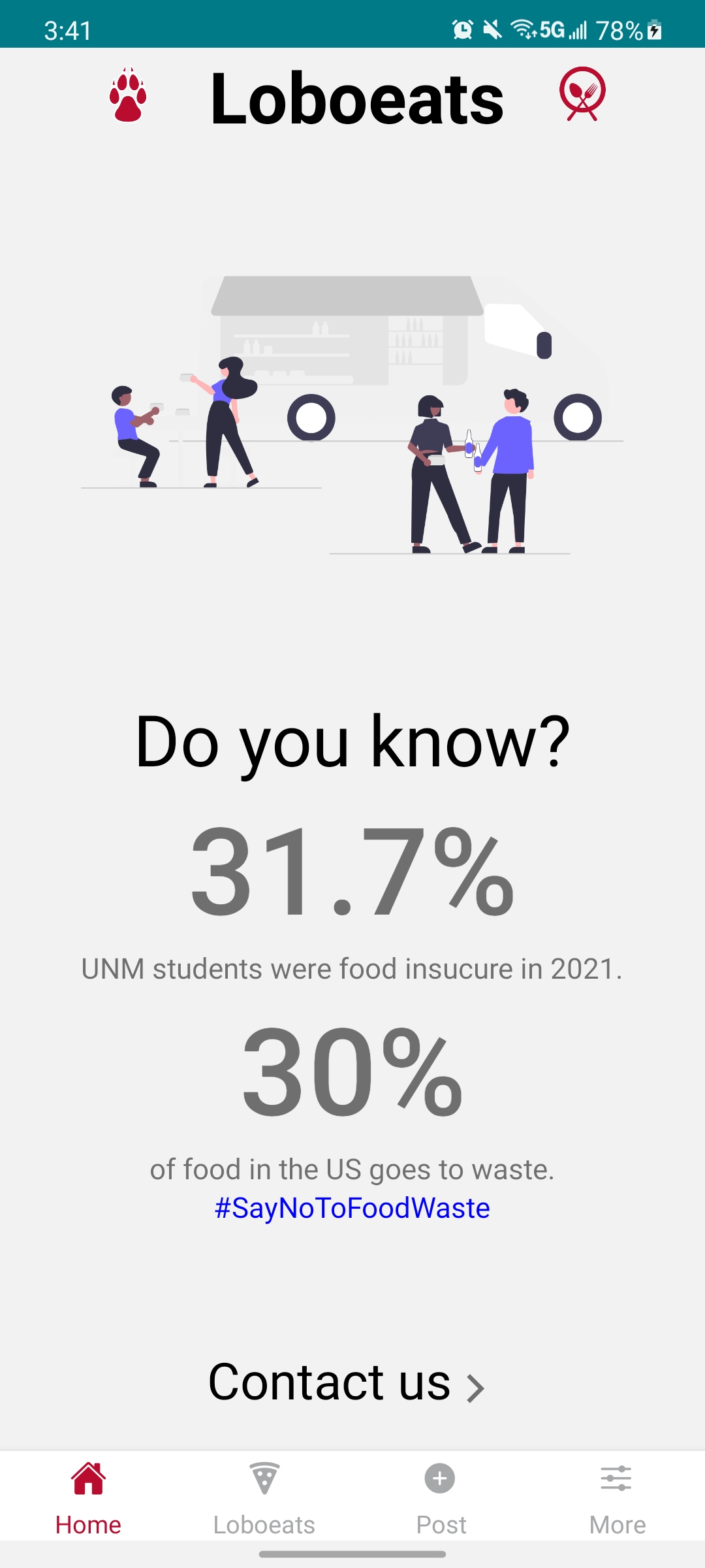 App screen showing that 31.7 percent of UNM students were food insecure in 2021, 30 percent of food in the US goes to waste