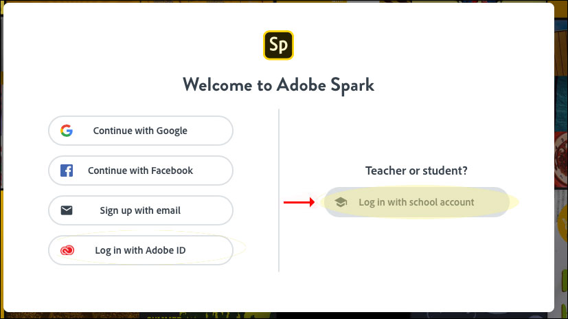Image showing Spark Login Screen with "School Account" highlighted
