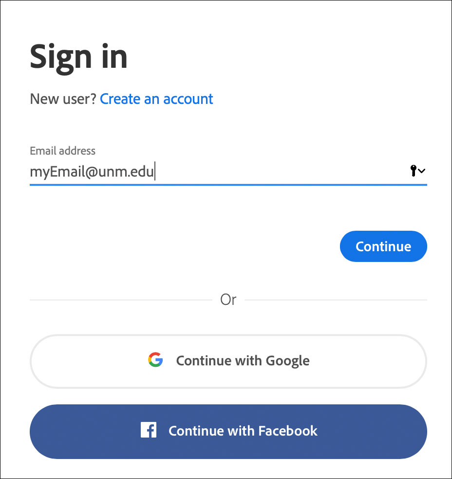 Adobe Login Screen with UNM Email Address