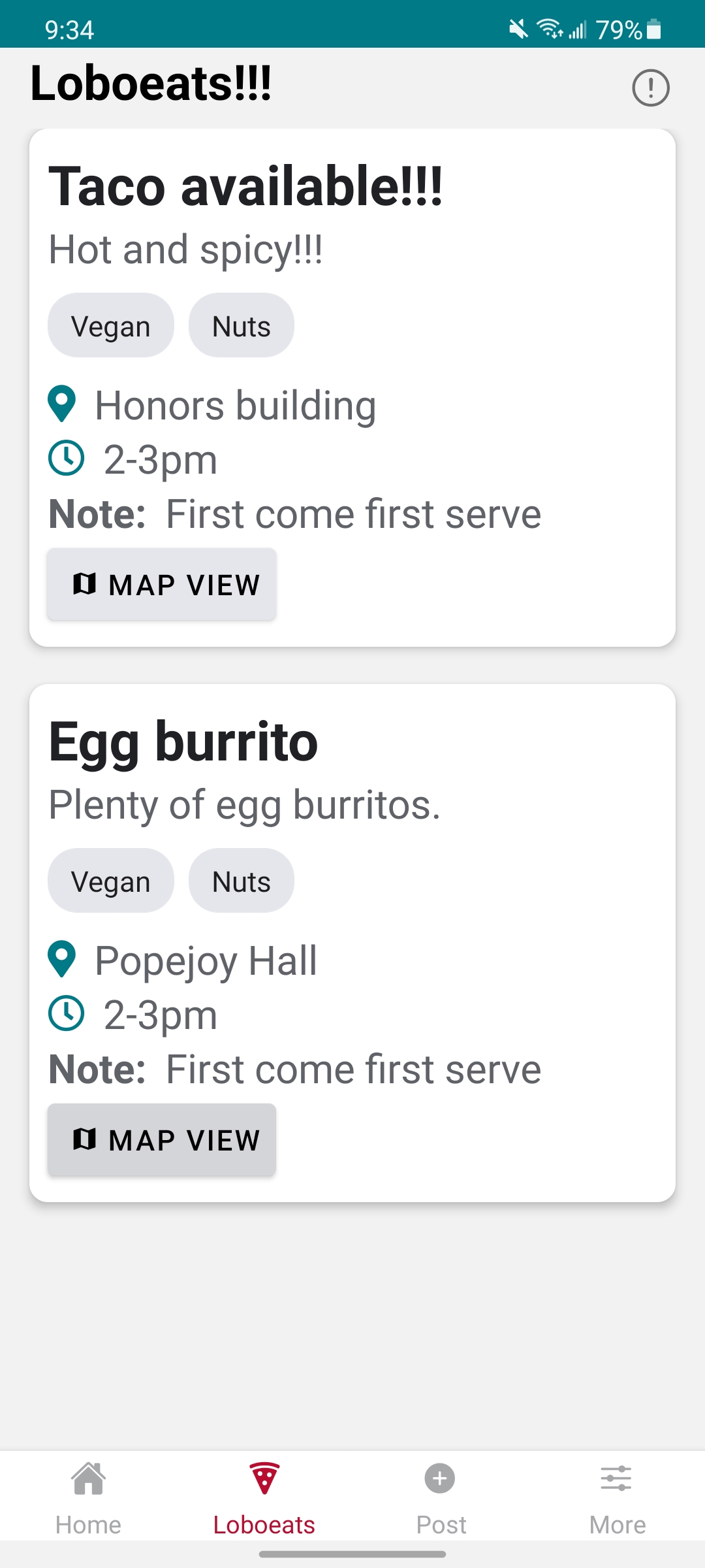 App screen showing places on campus to get food such as an egg burrito at popejoy hall