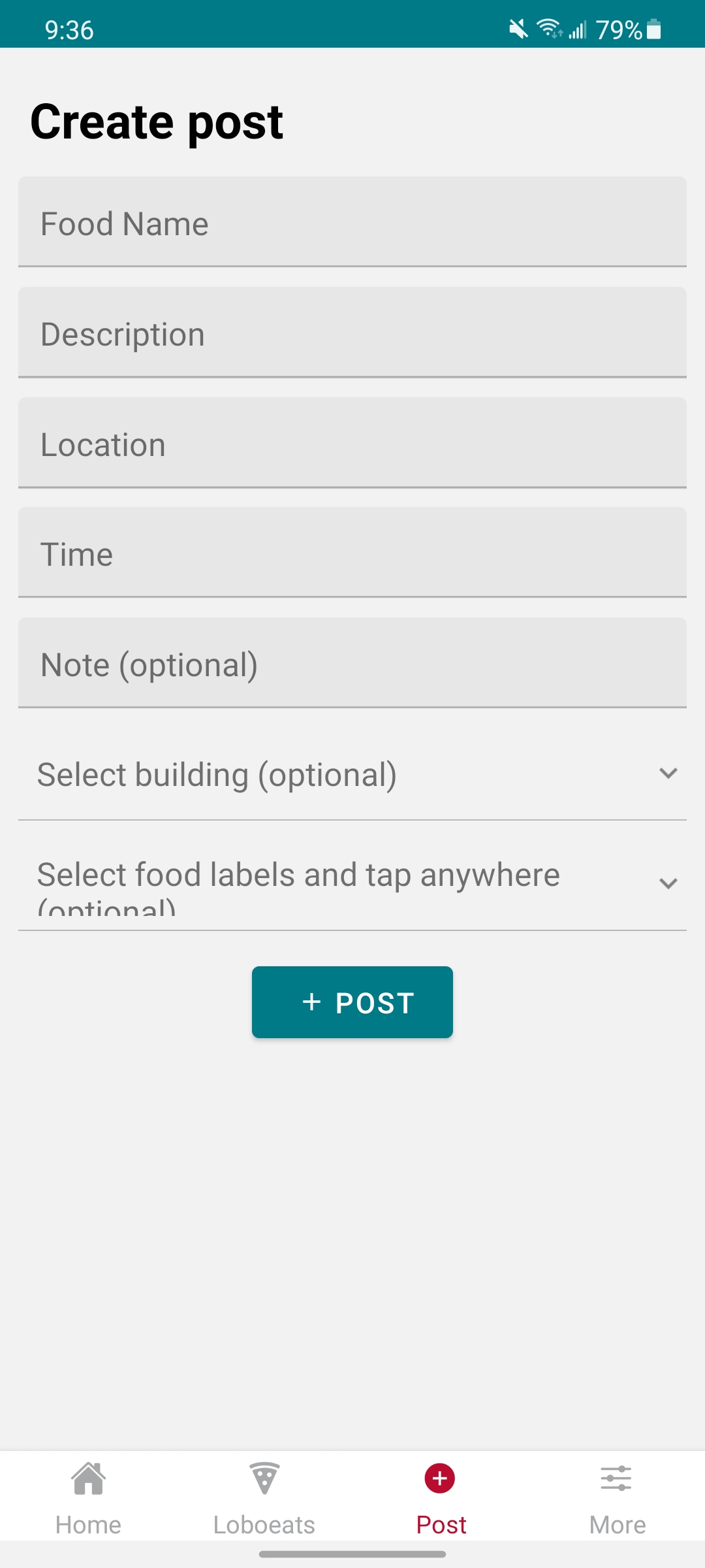 screenshot of an app that shows how to share what food is available: time, food, description, building, etc.